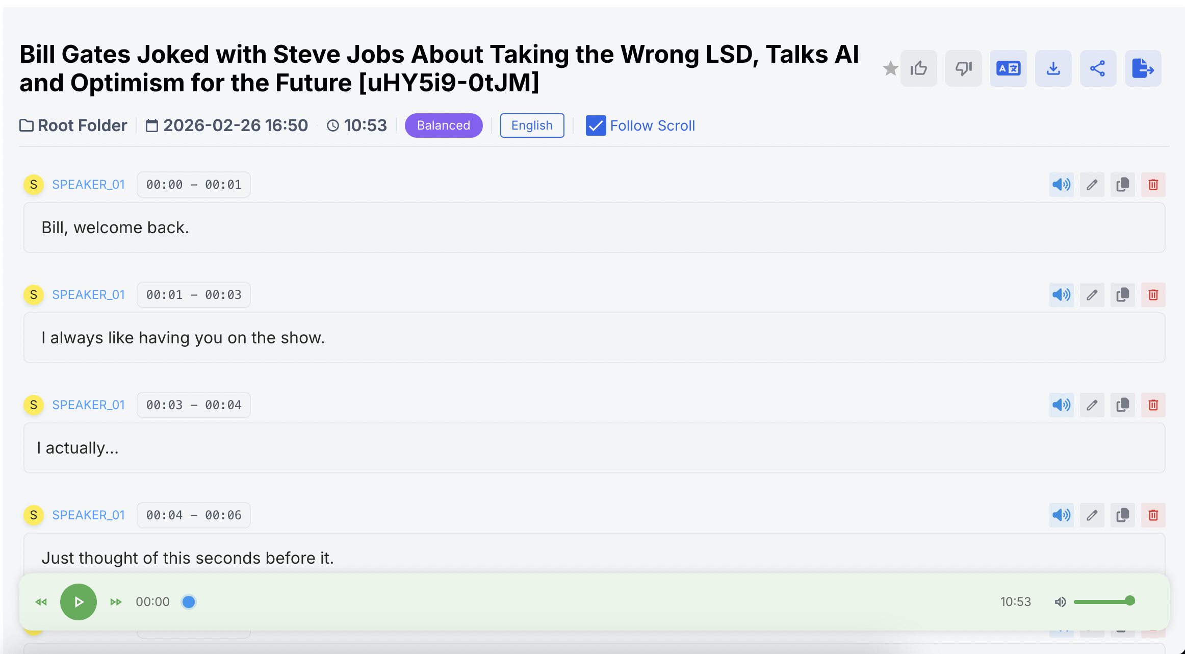 Панель SayToWords — просмотр транскрипта